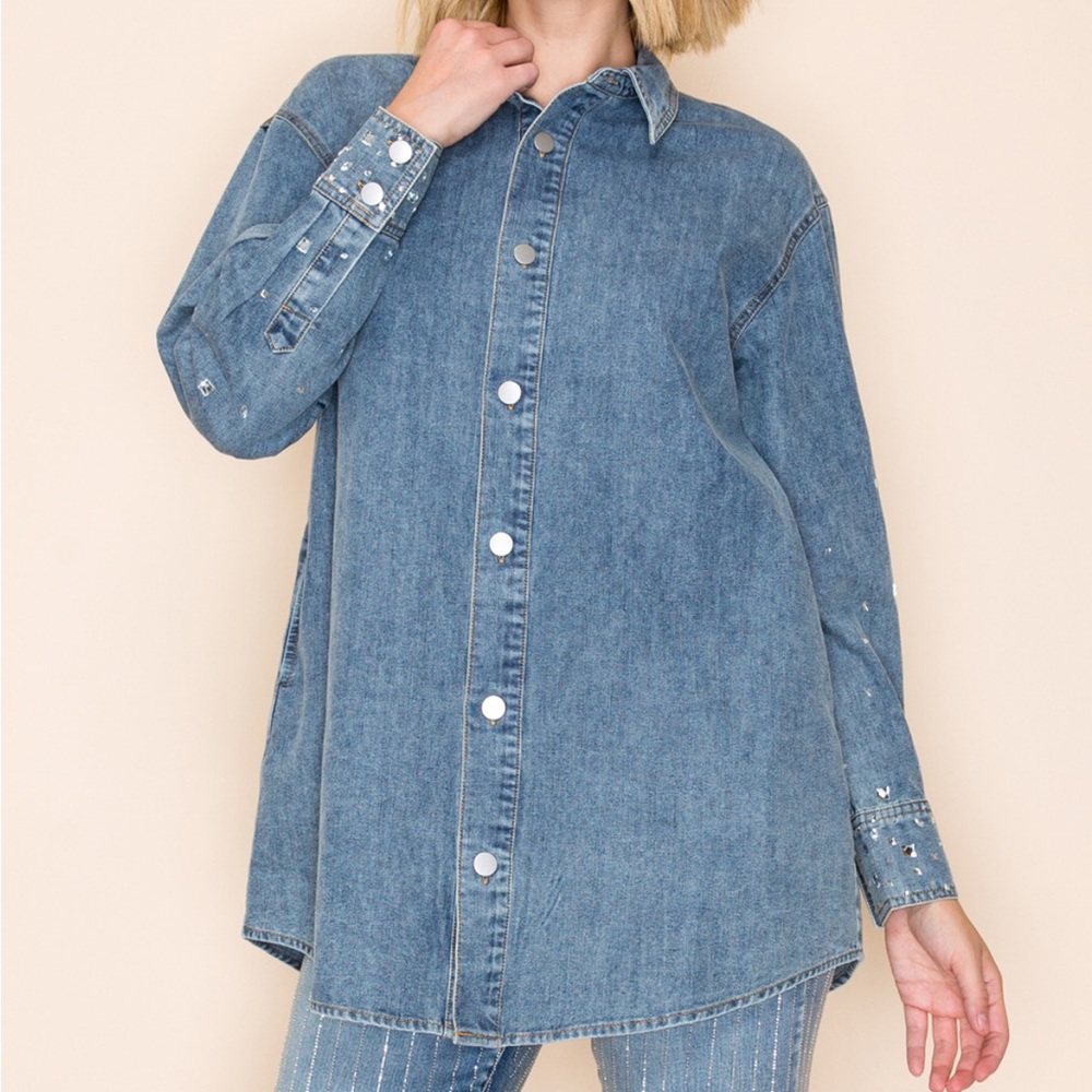 Denim Relaxed Rhinestone Oversized Button Up